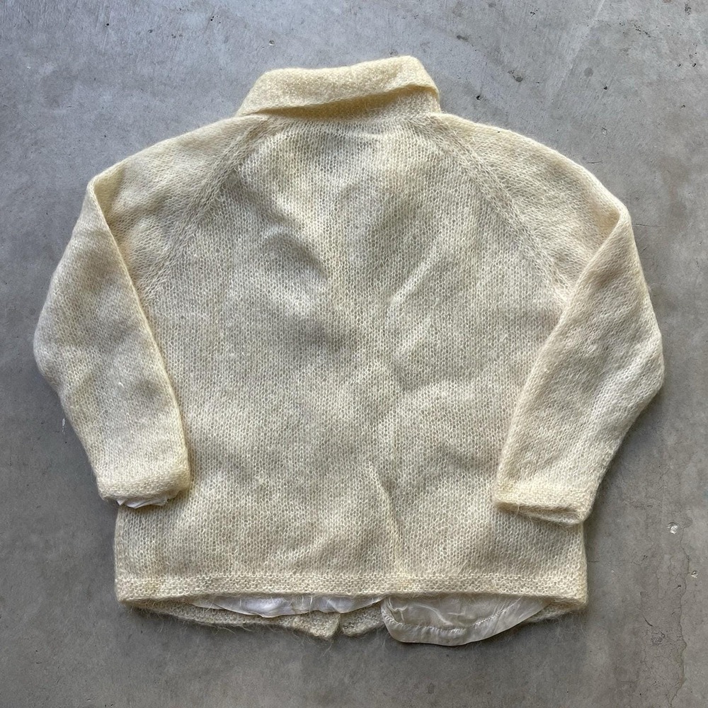 Vintage 60s Mohair Wool Cardigan Shawl Collar Lined Cream Fuzzy Sweater Coat - Picture 7 of 11